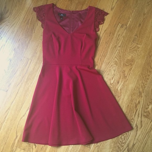 Red Fit and Flare Dress with Sleeve Detail - Picture 1 of 7